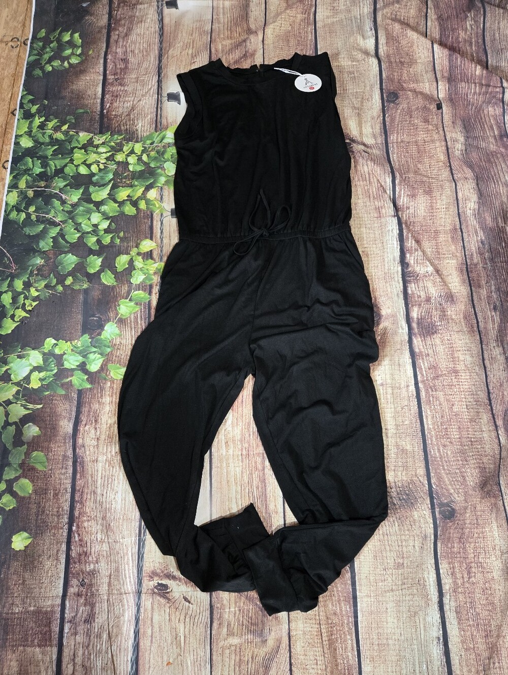 Source Unknown Black Sleeveless Jumpsuit with Drawstring Waist